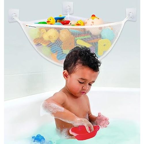 Bath Toy Holder Corner, Kids Bath Toy Net for Tub, Bathtub Holder Basket, Storage Bin Hammock Organizer, Shower Caddy Hanging Mesh Bag, Baby Bathroom Storage with 3 Suction Cups 3 Adhesive Wall Hooks