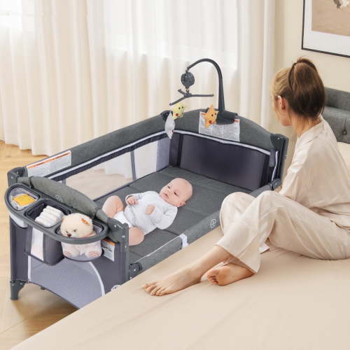 Olakids Baby Bedside Sleeper, 5-in-1 Bassinet with Adjustable Height, Mesh, Grey/Yellow