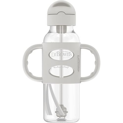 Dr. Brown's Milestones Narrow Sippy Straw Bottle, Spill-Proof with 100% Silicone Handles and Weighted Straw, 8 oz/250 mL, Gray, 6m+