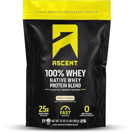 Ascent 100% Whey Protein Powder - Post Workout Whey Protein Isolate, Zero Artificial Flavors & Sweeteners, Soy & Gluten Free, 5.5g BCAA, 2.6g Leucine, Essential Amino Acids, Vanilla Bean 2 lb