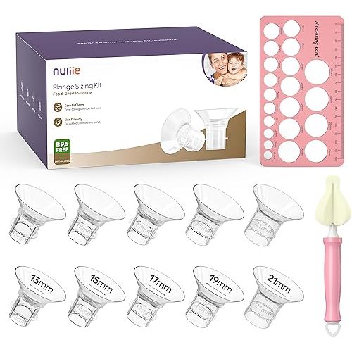 Nuliie 10PCS Flange Sizing Kit 13/15/17/19/21mm for 24mm Flange/Shield of Most Pumps, Silicone Flange Insert for Momcozy/Spectra/Bellababy Breast Pump, Breastfeeding Essential Pumping Kit for Moms