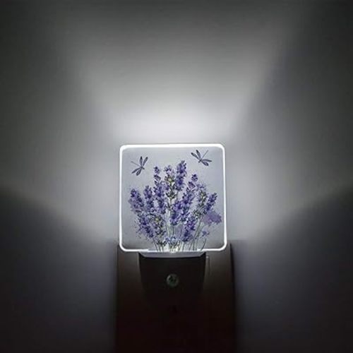 Lavender Plug-in LED Night Lights Purple Flower Plant Auto Dusk-to-Dawn Sensor,Adjustable Brightness Dragonfly Dimmable Nightlight for Bedroom Bathroom Kitchen Nursery Hallway Stairs Wall Home Decor
