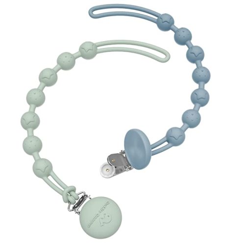 Cuddle Campus Silicone Pacifier Clip Holder with One Piece Design, Pack of 2 Soft Flexible Binky Clips with Texture for Baby Boy and Girl(6m+) - Sage+Boothbay Gray - 6m+ Round