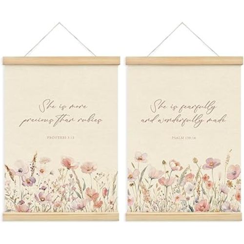 PLKMN Girls Nursery Decor, Boho Floral Christian Girl Nursery Wall Art with Wooden Poster Hanger for Toddler Little Girl Room Playroom, Baby Girl Nursery Wall Decor, 12x16 Inch Set of 2