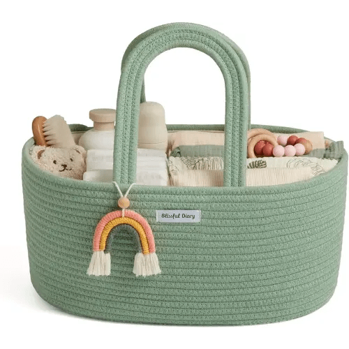 Blissful Diary Baby Diaper Caddy Organizer, Cotton Rope Diaper Caddy Basket, Oval Storage Basket, Gift for Baby Shower, Newborn Essentials, Green