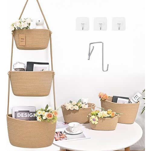 Hanging Storage Baskets, 3-Tier Over the Door Basket, Cotton Wall Baskets Storage, Detachable Hanging Door Basket with 4 Hooks, Over the Door Organizer Nursery for Bedroom, Living Room, Bathroom Wall