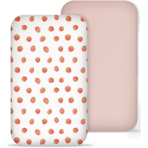 Muslin Bedside Bassinet Sheets 2 Pack, 33x20 Fitted Ultra Soft & Breathable Bedside Sleeper Sheets, Ideal for Baby Girl and Boy, Perfect for Newborns (Strawberry & Pale Pink)