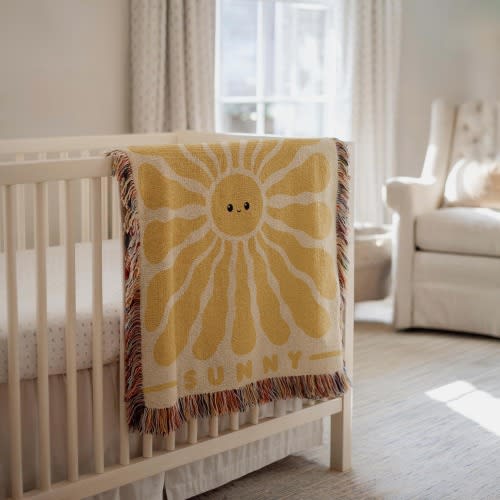 Personalized Sunshine Woven Baby Blanket | Yellow Sun Nursery Decor | Cozy Sunburst Nursery Custom Crib Throw - Neutral Baby Shower Gift