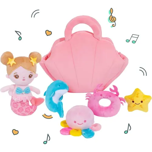 OUOZZZ Baby Girl Gifts Mermaid Toys - 6 Pieces Plush Soft Dolls Ocean Stuffed Animal Playset with Squeaker, Crinkle and Bell Ringing Sensory Little Dolls for First Birthday Gifts for Toddler Girls