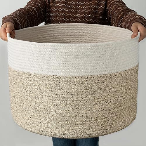 COSYLAND XXLarge Woven Storage Basket 19.7X 19.7X 13 inches Cotton Rope Organizer Baby Laundry Baskets for Blanket Toys Towels Nursery Hamper Bin with Handle