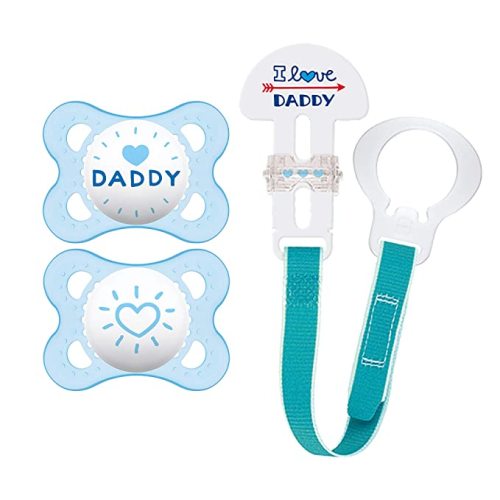MAM Pacifier and MAM Pacifier Clip Value Pack (2 Pacifiers & 1 Clip), Pacifiers 0-6 Months for Baby Boy, Baby Pacifiers “I Love Daddy” Design, Baby Pacifier Clips, Designs May Vary - boy