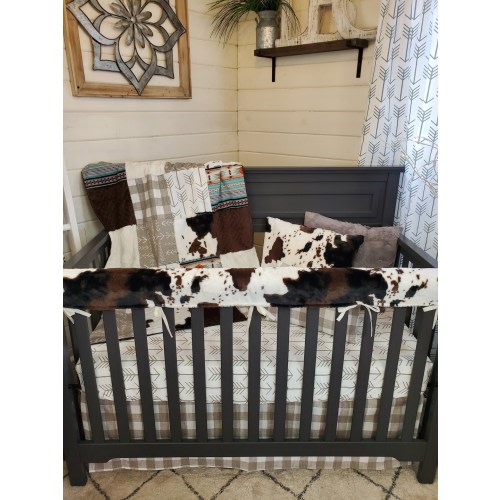 Neutral Crib Bedding - Farmhouse Check and Cow Minky Western Nursery