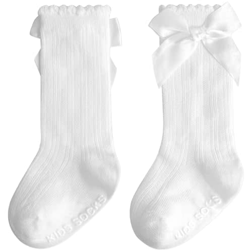 Baby Knee High Socks Girl Non Slip Toddler Stockings Cotton Bow Ruffle Newborn Long Socks Infant Dress Sock 0-6M/6-12M/1-3Y