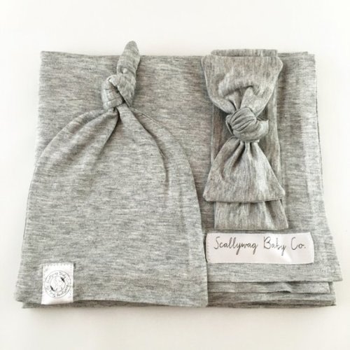 Grey Swaddle Baby Blanket - Stretch Knit Lovely Trendy Grey Swaddle Blanket - Baby Blanket - Grey Knot Hat And Headwrap - Newborn Set, 4 Piece Bundle