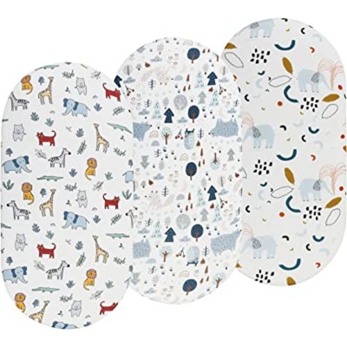 Bassinet Sheets 3 Pack for Baby Boy, Soft Stretchy Universal Fitted Sheet Set for Oval Rectangle Hourglass Bassinet Mattress, Woodland Animal Elephant Fox Lion Bear Giraffe Zebra Printing