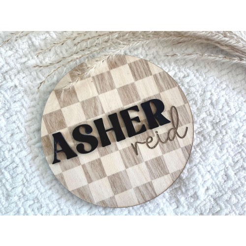 Baby Announcement Birth Sign For Newborn Baby Checkered Birth Sign Wooden Baby Sign For Hospital Baby Name Sign Engraved Wood Sign Custom
