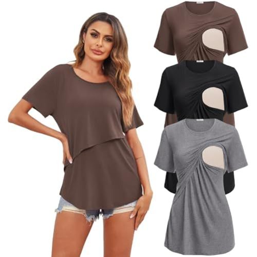 3 Pack Women Nursing Tops Short Sleeve Breastfeeding Shirts Maternity Tees