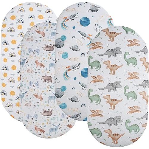 Bassinet Sheet Set 4 Pack Snug Fitted Cradle Fitted Sheets, Stretchy Ultra Soft, for Oval Rectangle Hourglass Bassinet Mattress, Unisex Boy Girl, Sun/Forest Deer/Space/Dinosaur