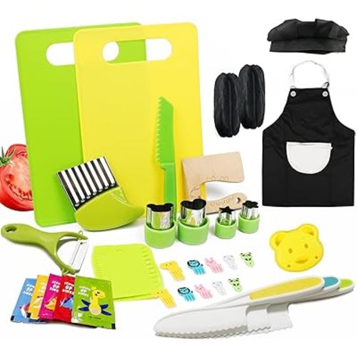 Montessori Kitchen Tools for Toddlers Cooking, Wooden Kids Kitchen Knife Set Include Plastic Toddler Safe Knives, Apron Set, Cutting Board, Sandwich Cutter, Y Peeler, Crinkle Cutter