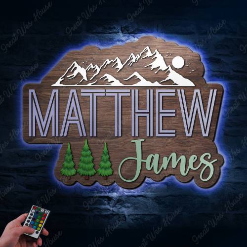 Custom Mountain Woodland Nursery Name LED Lights Sign Personalized Wildlife Mountain Wooden Wall Room Decor Baby Shower Boy Birthday Gift