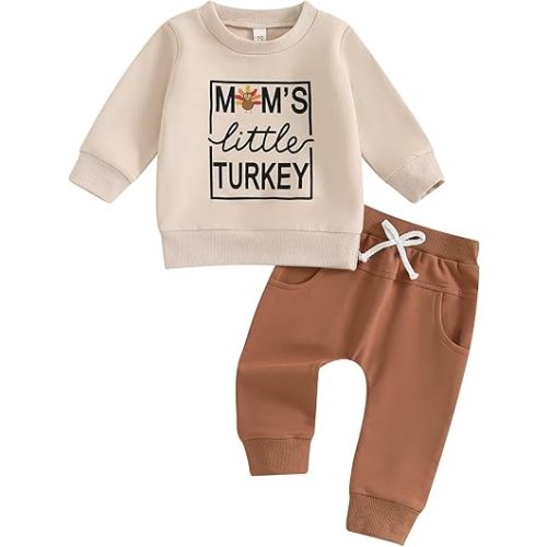 Lesimsam Toddler Baby Boy Thanksgiving Outfit Turkey Letter Print Long Sleeve Sweatshirt Top and Jogger Pants Set