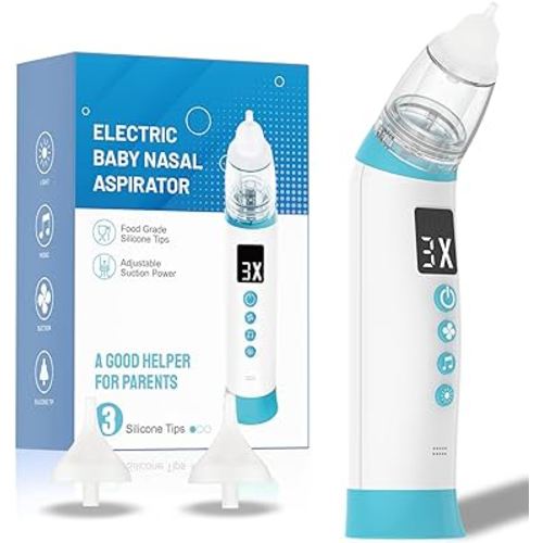 Baby Nasal Aspirator, Electric Nasal Aspirator for Baby, Baby Nose Sucker Rechargeable with 3 Silicone Tips, Adjustable 3 Levels Suction, 8 Light Soothing Function & Adjustable Music-Blue