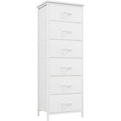 Somdot Tall Dresser for Bedroom with 6 Drawers and Side Pockets, Storage Organizer Chest of Drawers with Fabric Bins for Closet Bedside Nursery Living Room Entryway Hallway, White Leather