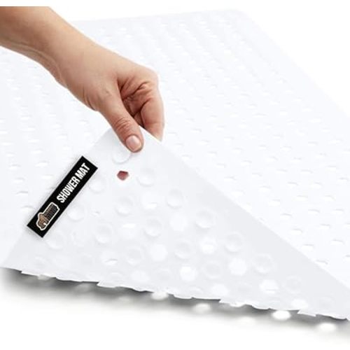 GORILLA GRIP Patented Bath Tub Shower Mat, Machine Washable Bathtub Floor Liner Mats, Suction Cups and Drain Holes to Keep Tubs Clean, Soft on Feet, Bathroom Essentials, 35x16 Inch, White