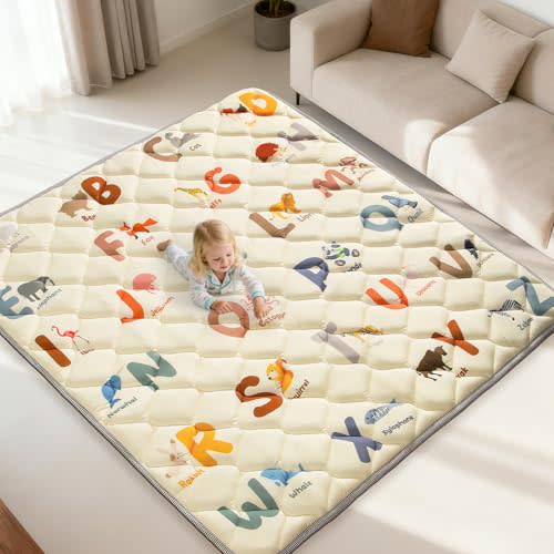 Foam Play Mat - 64x64 Inch Padded Play Mat for Baby - Toddler Play mats for Floor - Thicker Soft Cushioning Playmats - Foldable Washable Baby Playpen Mat, Animals Alphabet Design
