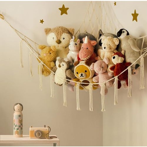 Stuffed Animal Storage Hammock or Net - Large Toy Hammock Net for Stuffed Animals Corner -Cute Hanging Stuff Animal Organizer Holder Ideas for Plush Plushie - Kids Baby Nursery Wall Bedroom Room Decor - Beige