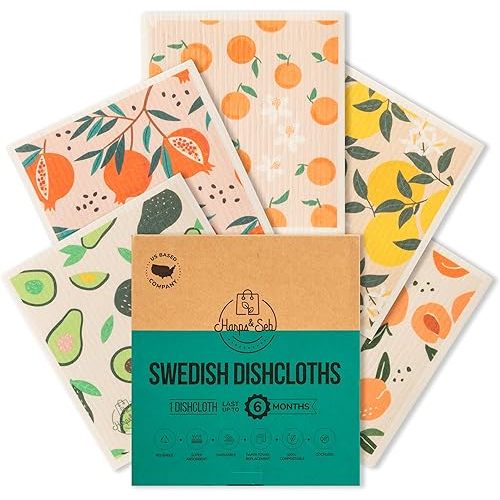 Harps&Seb Swedish Dishcloths for Kitchen Dish Towels - 5 Pack, Non-Scratch Reusable Paper Towels, Super Absorbent Washable Swedish Dish Cloths, No Odor, Biodegradable, Fruit Design