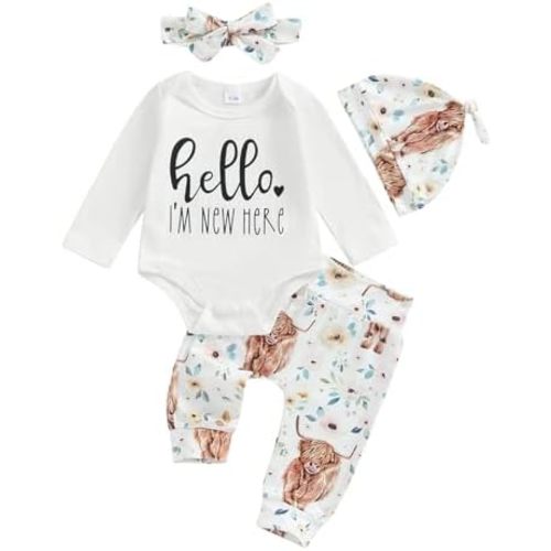 Hello Im New Here Newborn Outfit Girl Baby Going Home Outfits Romper Highland Cow Pants Western Clothes