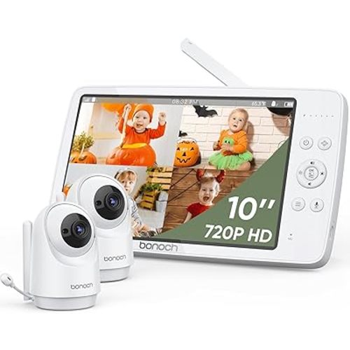 bonoch MegaView Baby Monitor, 10" Video Baby Monitor with 2 Cameras, 10000mAh Battery, Quad Split Screen Baby Monitor with Camera and Audio, VOX Mode, Auto Night Vision, Remote PTZ, Hack Proof