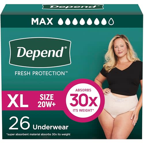 Depend Fresh Protection Adult Diapers, Incontinence & Postpartum Bladder Leak Underwear for Women, Disposable, Maximum, Extra-Large, Blush, 26 Count, Packaging May Vary