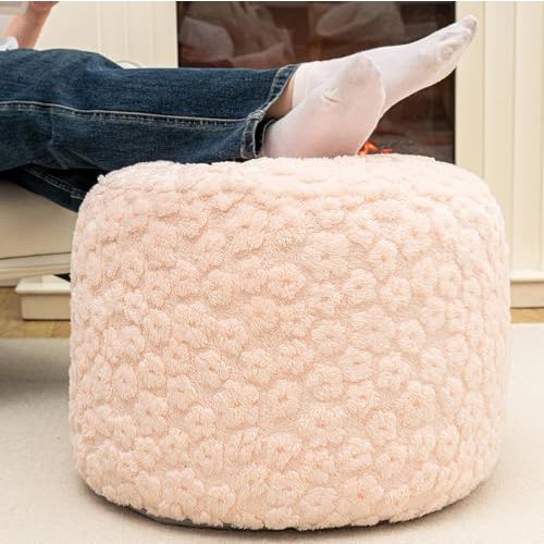 Ottoman Foot Rest Stuffed Round Boho Floor Poof Seating Armchair Ottoman Foot Stool Floor Cushion Bean Bag Pouf 18x18x14 Inch Pink
