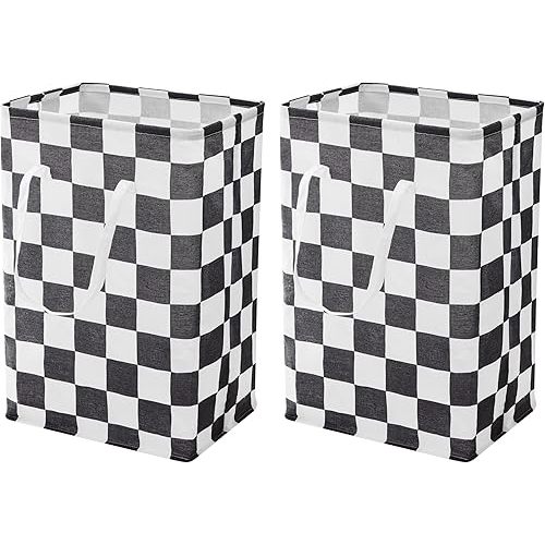 Checkered Laundry Hamper, Pack of 2, Large Black White Aesthetic Collapsible Cloth Hampers Basket for Storage Organization Cute Race Cars Boy Room Decor, 2 x 75L