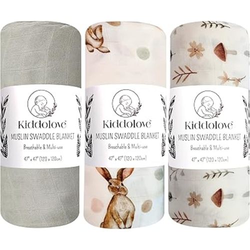 Muslin Swaddle Blankets for Newborn – 3 Pack Large 47"x47" Receiving Blankets – Soft, Breathable & Gentle – Unisex Forest Theme