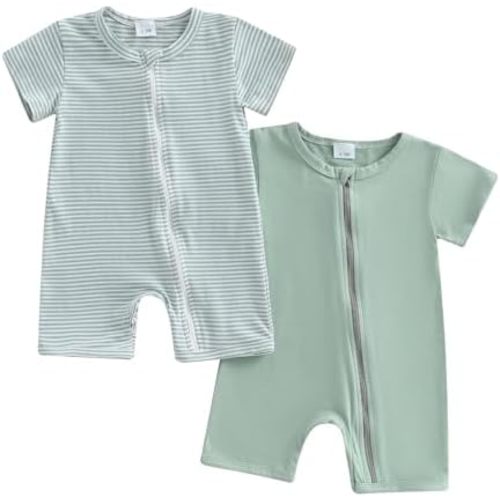 Merqwadd Baby Boy Girl 2 Pack Romper Short Sleeve Zipper Jumpsuit Plain Summer Clothes