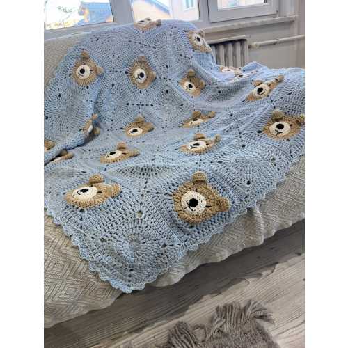Blue Teddy Bear Baby Shower Gift, Hairloom Baby Blanket, Baby Wrap Blanket, Crochet Animal Stroller, Unique Nursery Decor, Toddler Throw
