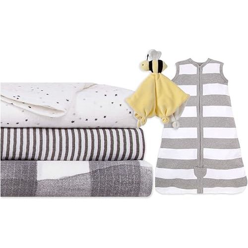 Burt's Bees Baby Unisex Baby Gift Set - Beekeeper Wearable Blanket, 3-Pack Muslin Swaddle Blankets & Plush, Organic Cotton Essentials Bundle