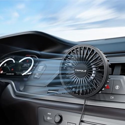 TriPole Car Fan USB Powered - Powerful 3 Speed, Portable Cooling Clip Fan for Car Vent, Quiet Brushless Motor, 360 Degree Rotatable, Air Circulation for Vehicle, Van, Truck, SUV, RV