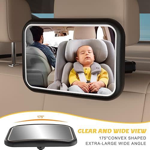 Baby Car Mirror with Light Rear Facing Baby Car Seat Mirror with Remote Control Rechargeable 360° Rotation Hook Clip Design Wide View Shatterproof