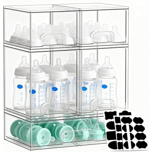 Stackable Storage Drawers Set of 5, Baby Bottle Organizer, Clear Multipurpose Storage for Countertop - Organize Kitchen, Vanity, Bathroom Cabinet & Pantry Supplies