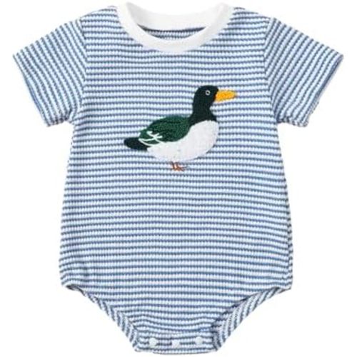 Hunting Duck Baby Boy Girl Outfit Mallard Duck Embroidery Bubble Romper Striped Short Sleeve Bodysuit Summer Clothes