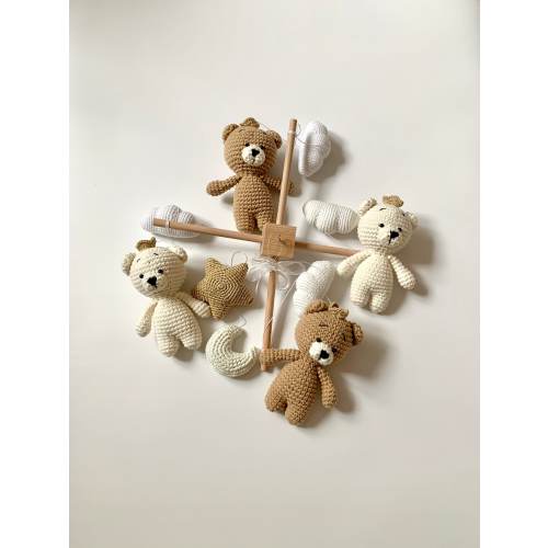 Crown Teddy bears baby mobile, Baby Crib Mobile, Crochet bears, teddy bears mobile nursery, Teddy bear with crown star and moon baby mobile