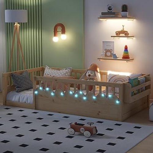 Twin Size Montessori Bed, Wood Twin Montessori Floor Bed with High Rails & Storage Shelf, Baby Floor Beds with LED Light for Boys & Girls, Natural