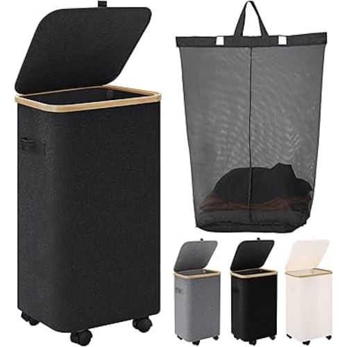 Black Laundry Hamper with Lid and Wheels,Wheeled Laundry Basket with Handles Foldable Dirty Clothes Hamper Rolling Narrow Laundry Hamper for Bedroom Dorm Laundry Room-75L
