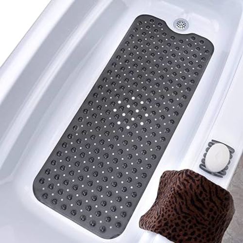 SlipX Solutions Power Grip Extra Long Bath Tub & Shower Mat 39x16, Wet Floor Non-Slip for Elderly & Kids Bathroom, 30% Longer Bathtub Mats, 200 Suction Cups, Drain Holes, Machine Wash, Trans Black