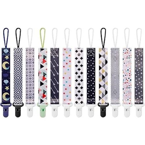 12 Pack Pacifier Clips with Short Strap(25.5cm) - Premium Polyester Baby Pacifier Holder Set, Multi-Design Clips for Boys Girls (Multicolor E 25.5cm)