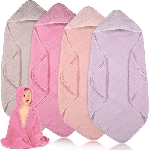 Peryiter 4 Pcs Muslin Hooded Baby Towels,32"x 32" Cotton Newborn Bath Towel Muslin Infant Baby Blankets Absorbent Unisex Newborn Registry Gift for Girls Boys (Pink Series)